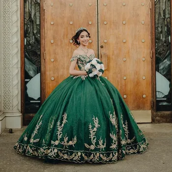 Изумрудно-Зеленое Блестящее Бальное Платье В виде Сердечка, Пышные Платья 2023, Золотые Кружевные Аппликации, Милое 16-летнее Платье Vestidos De XV Anos