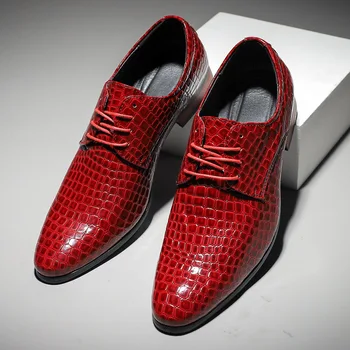 Итальянская брендовая красная мужская обувь из крокодиловой кожи, Классические роскошные вечерние модельные туфли, мужские кожаные туфли-оксфорды, Модные свадебные туфли с острым носком.
