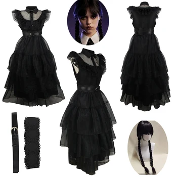 Карнавальный готический костюм на Хэллоуин, косплей Wednesday Addams, черное платье для девочек, женский костюм для ролевых игр, бальный костюм для вечеринки, черный парик с поясом.