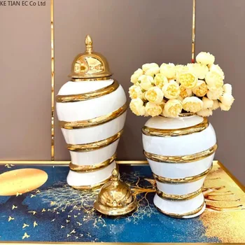 Керамическая банка для имбиря с гальваническим покрытием золотистого цвета в европейском стиле, керамическая ваза, украшение гостиной, легкие роскошные поделки, украшение крыльца