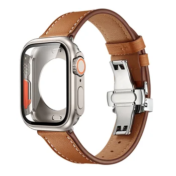 Кожаный ремешок + чехол для Apple watch band 44мм 45мм 40мм 41 ремешок для часов браслет correa iwatch series 4 5 6 SE 7 8 заменить на ultra 49
