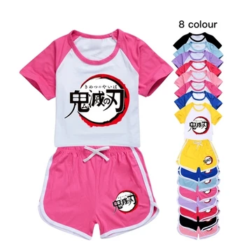 Комплект летней одежды для девочек и мальчиков Demon Slayer, детская спортивная футболка + брюки, комплект из 2 предметов, детская одежда, удобные наряды, пижамы