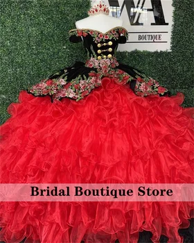 Красные пышные платья Мексиканской принцессы, Бальное платье с бантом, кристаллы с открытыми плечами, бусы, платье для вечеринки на 16-й День рождения, Vestidos