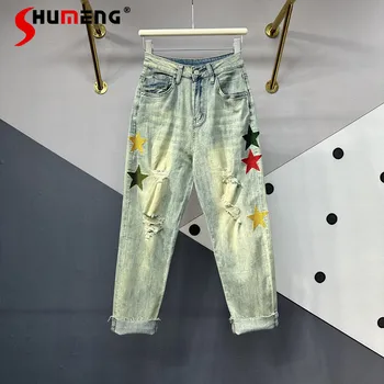 Красочные вышитые рваные джинсовые брюки с прямыми штанинами, женские европейские товары, 2023 Летние Новые джинсы для похудения с высокой талией