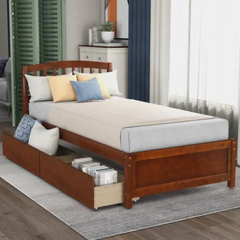 Кровать для хранения на двойной платформе, Деревянный каркас кровати с двумя выдвижными ящиками и изголовьем \ Орех (Предыдущий артикул: SF000062DAA) Орех