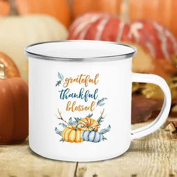Кружка на день благодарения, чашка для костра, Осенняя Кофейная чашка, Милые Цветы тыквы, кленовый лист, эмалированная ручка для кружки, металлическая чашка, подарок для вечеринки на осень