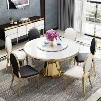 Легкий Роскошный круглый стол в стиле постмодерн с поворотным столом для ресторана, небольшой квартиры, домашнего мраморного обеденного стола и стула