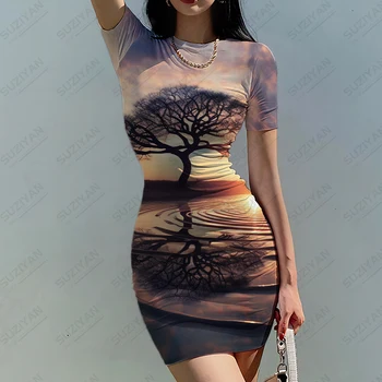 Летнее модное повседневное платье с короткими рукавами, Уличное модное платье с круглым вырезом, женское мягкое тонкое платье с 3D-принтом в виде дерева