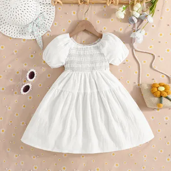 Летнее однотонное платье для малышей с коротким рукавом, белое платье, модная Милая верхняя одежда, платья на День Благодарения