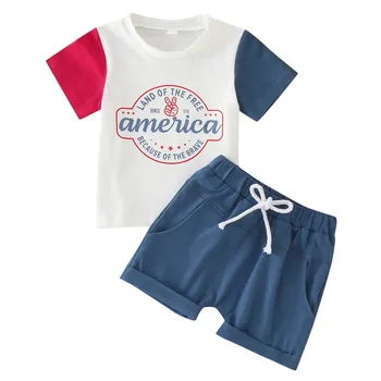 Летние Топы с короткими рукавами и буквенным принтом в честь Дня Независимости для мальчиков, шорты, спортивная одежда для мальчиков на пуговицах из двух частей
