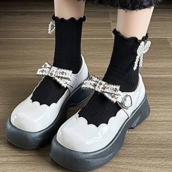Летние туфли Kawaii Sweet Mary Janes, женские Однотонные Корейские модные туфли на платформе с бантом, женские шикарные винтажные туфли с пряжкой в форме сердца