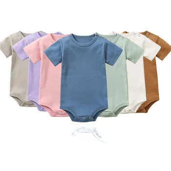 Летний комбинезон для новорожденных из органического хлопка с коротким рукавом, детские Классические ползунки, пижамы, однотонная одежда для мальчиков и девочек