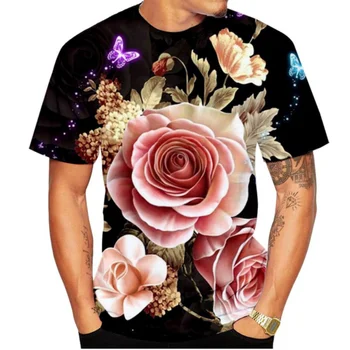 Летняя мужская и женская футболка с 3D-принтом розы, модные и повседневные, быстросохнущие, с короткими рукавами, новинка 2023 года.