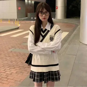 Лето-осень, Новая женская корейская одежда в стиле колледжа из двух предметов, весна, Новая рубашка + жилет, свитер + плиссированная юбка, Студенческая Корейская форма