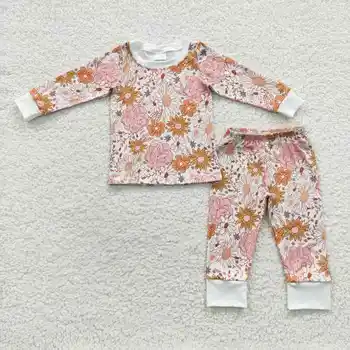 Маленькая модница, Оранжевая маргаритка с цветочным принтом, осенняя детская одежда для сна, пижамы, бутик одежды оптом