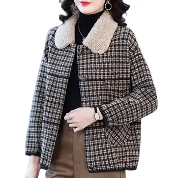 Мамино шерстяное женское пальто в клетку 2023, Новая осенне-зимняя короткая верхняя одежда, вязаный кардиган с меховым воротником, свободная женская куртка