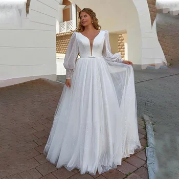 Мерцающее свадебное платье с V-образным вырезом в виде шлейфа в часовне, гламурное свадебное платье с длинными рукавами для женщин 2023 г.