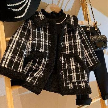 Модная флисовая куртка в клетку для маленьких девочек, зимняя куртка с отложным воротником для малышей, винтажный тренч, верхняя одежда для малышей от 1 до 3 лет