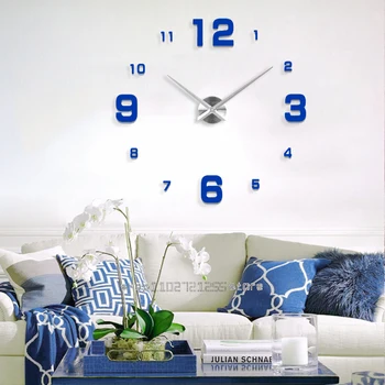 Модные 3D средиземноморские часы большого размера в средиземноморском стиле, синие настенные часы, зеркальная наклейка, сделай САМ, краткий декор гостиной, настенные часы для конференц-зала