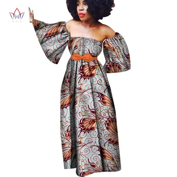 Модные Африканские Платья Bintarealwax для Женщин Дашики с Африканским Принтом, Платье Без Бретелек с Рукавами-трубами, Вечернее Платье WY3125