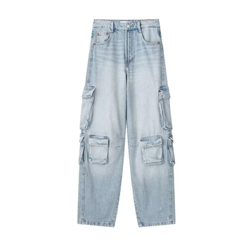 Модные женские джинсы Небесно-голубого цвета, Удобные Простые брюки с эластичной средней талией, уличная одежда для мотобайкеров, Длинные брюки Mujer