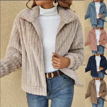 Модные женские флисовые куртки-шерпа 2023 Осень-зима, женское теплое пальто с длинным рукавом и отворотом на молнии, верхняя одежда с карманами