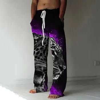 Модные прямые брюки с леопардовым 3D-принтом, эластичный дизайн на шнурке, Брюки с передним карманом, Графичный комфорт, Мягкие брюки