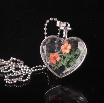 Модные Стеклянные ожерелья с горячими сухоцветами, похожие на бутылку с сердцем, Плавающий Медальон, Ожерелье с подвесками из сухоцветов, ювелирные изделия для женщин