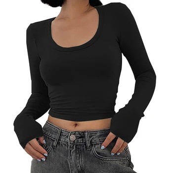 Модный базовый однотонный укороченный топ, женская футболка, дышащие футболки с круглым вырезом и длинным рукавом, эластичные футболки, Топы, женская одежда
