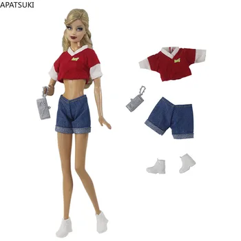 Модный комплект одежды в стиле Hottie для куклы Барби, укороченный топ, синие джинсовые шорты, Обувь, сумки для кукол Barbie 1/6, аксессуары для кукол.
