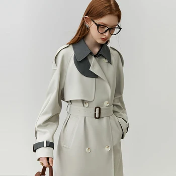 Модный тренч в стиле пэчворк контрастного цвета с отложным воротником, женская двубортная свободная куртка, осенне-зимняя повседневная куртка с поясом