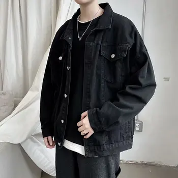 Мужская короткая джинсовая куртка черного цвета, куртка с надувным воротником, пальто с карманами для джинсов, повседневная мужская одежда для улицы