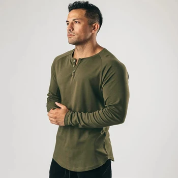 Мужская мускулистая рубашка, футболка с длинным рукавом, однотонные винтажные рубашки Henley, спортивная, для фитнеса, повседневная хлопковая эластичная футболка с V-образным вырезом