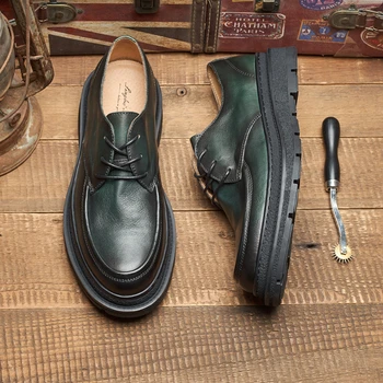 Мужская официальная обувь Дерби из натуральной коровьей кожи Роскошного качества ручной работы в британском стиле из натуральной кожи в стиле ретро, зеленая свадебная светская обувь