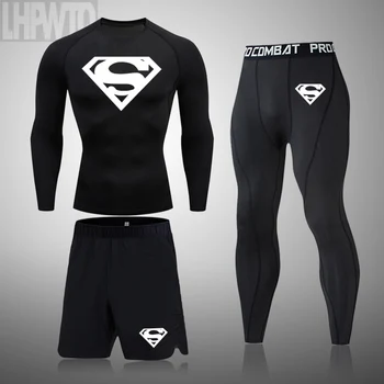 Мужская спортивная одежда, компрессионные леггинсы для спортзала, тренировочный комплект, Быстросохнущие баскетбольные леггинсы супергероя, тренировочная футболка, мужской костюм для бега