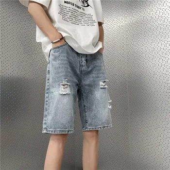 Мужские джинсовые шорты Тонкие потертые джинсовые шорты Мужские летние свободные брюки уличной одежды в американском ретро стиле
