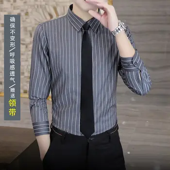 Мужские классические однотонные / полосатые базовые рубашки с длинным рукавом высшего качества, официальная деловая рубашка стандартного покроя для офиса, светская рубашка A62