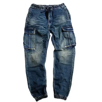 Мужские функциональные джинсы-карго с большим карманом, винтажные джинсовые брюки-карандаш с эластичной резинкой на талии, мужские