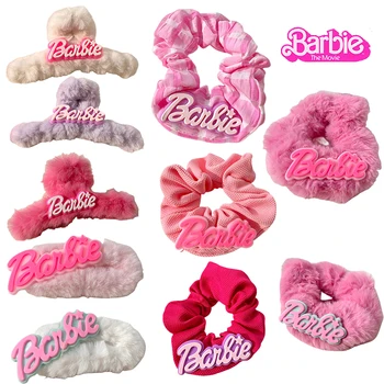 Мультяшная Барби Розовая Заколка для волос Милая принцесса Барби Буква Y2K Для девочек Плюшевая Заколка для волос Кольцо для волос Веревка Аксессуары для макияжа Подарки