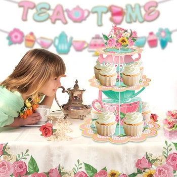 Мультяшное Цветочное Чаепитие, подставка для торта, Дисплей, 3-Слойный держатель для кексов, Подставка для детского душа, День Рождения девочек, Свадебный декор для торта