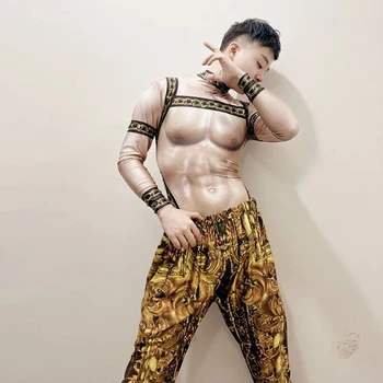 Мускулистый мужской комбинезон телесного цвета для ночного клуба, танцевальный костюм Gogo, одежда для шоу ди-джея, певицы, рейв-карнавал, наряд трансвестита, одежда для сцены