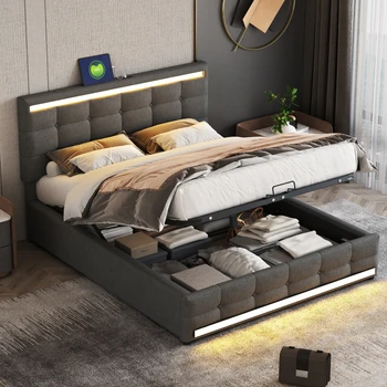 Мягкая кровать 140 *200, каркас кровати со светодиодной подсветкой с большим пространством для хранения, каркас кровати, изголовье, мягкая кровать-платформа серого цвета