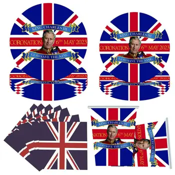 Набор посуды Union Jack Бумажные тарелки/салфетки/чашки в британской тематике Праздничная посуда для коронации короля Карла III
