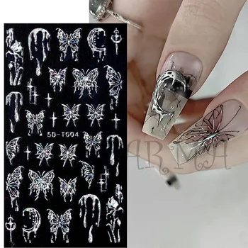 Наклейки для ногтей с цветами 5D, блестящий дизайн Бабочки, простые ползунки с цветочным тиснением, украшение в виде кролика, сделай сам, Элегантный Орнамент для ногтей