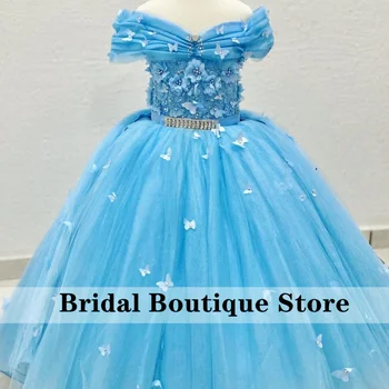 Небесно-голубое блестящее свадебное платье в цветочек для девочек С аппликацией в виде бабочек, Хрустальный жемчуг, бальные платья, Милое детское платье Vestidos Para Niñas