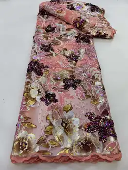 Нигерийская Кружевная ткань с 3D пайетками 2023 года, Высококачественная Персиковая Африканская Тюлевая ткань с Вышивкой, Свадебное платье, Сетчатое кружево, 5 Ярдов