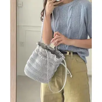 Нишевый дизайн в корейском стиле, нежная сумка-облако из мягкой кожи со складками на шнурке, милая сумка для подмышек, универсальная сумка-мешок на одно плечо