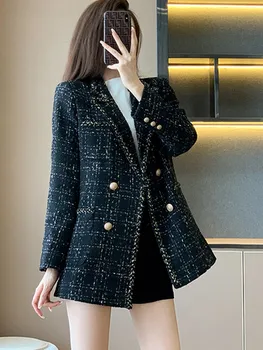 Новая модная Корейская повседневная твидовая куртка в клетку для женщин, осень-зима, шерстяная элегантная верхняя одежда с небольшим ароматом