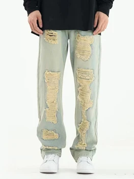 Новая Модная Осенняя Выстиранная Светло-белая Персонализированная ткань с дырочками, повседневные джинсовые Однотонные Джинсы с вырезами, мужские джинсы Y2k