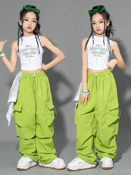 Новая одежда для джазовых танцев для девочек, костюм для выступлений в стиле хип-хоп, укороченные топы, зеленые брюки, костюм для уличных танцев, детская модная одежда BL11098